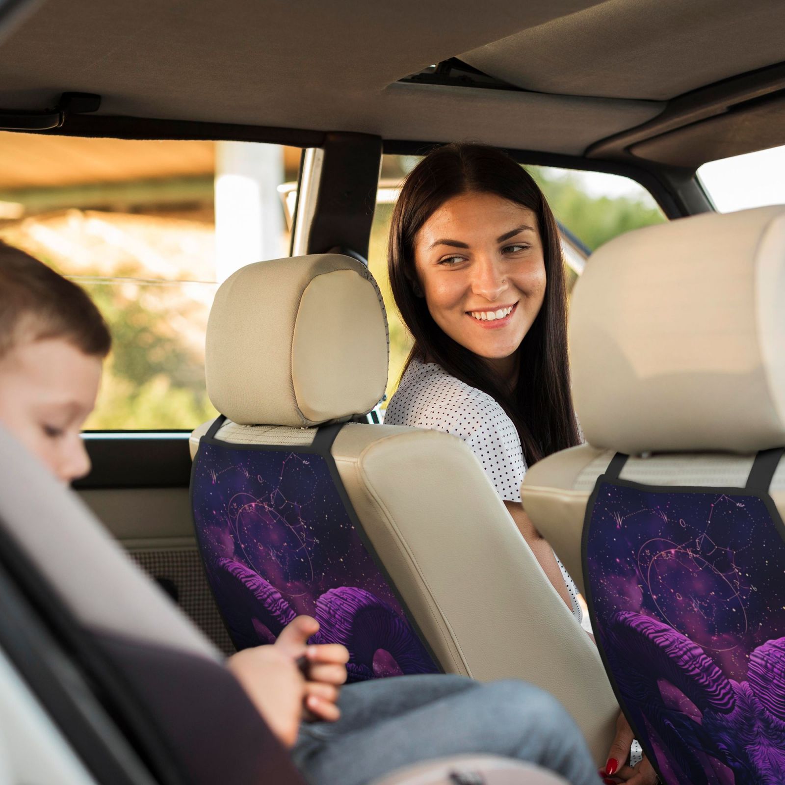 Xecao Purple Starry Sky Antelope Pattern Car Seat Back Protector 2 Pack Large Capacity Pocket, Kick Mats Back Seat Protector
