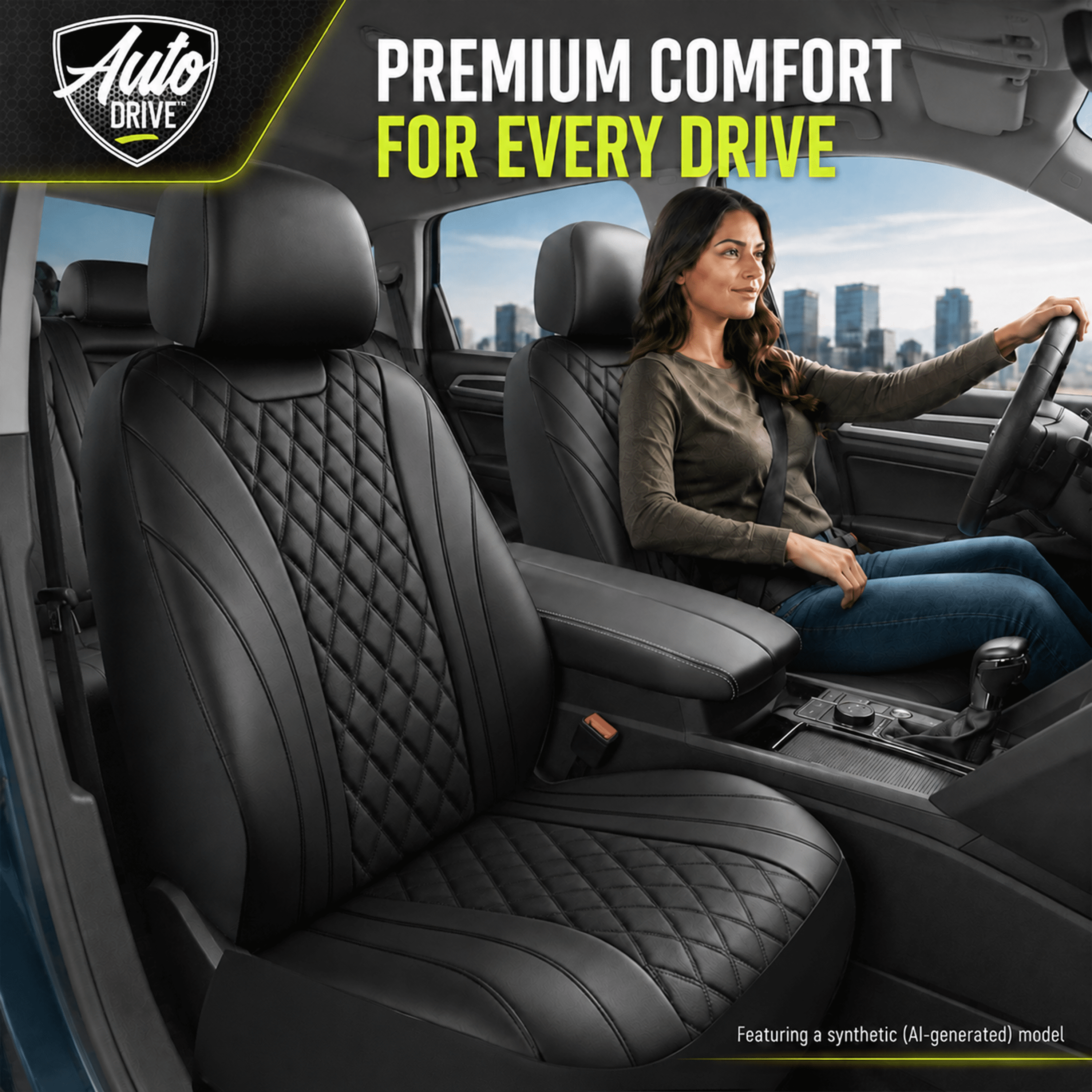 Auto Drive Car Seat Covers, Diamond Quilted Two-Tone Car Seat Covers Set, Universal Fit for Two Front Seats, Airbag Compatible for Cars, SUVs and Trucks BLack Front Seat