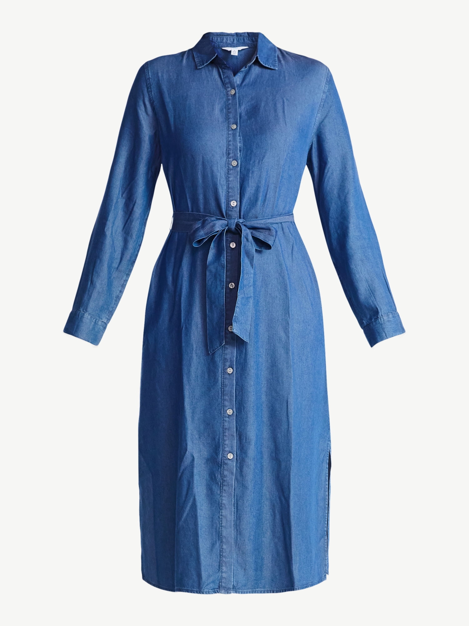 Time and Tru Women's Midi Shirt Dress with Long Sleeves, Sizes XS-XXXL