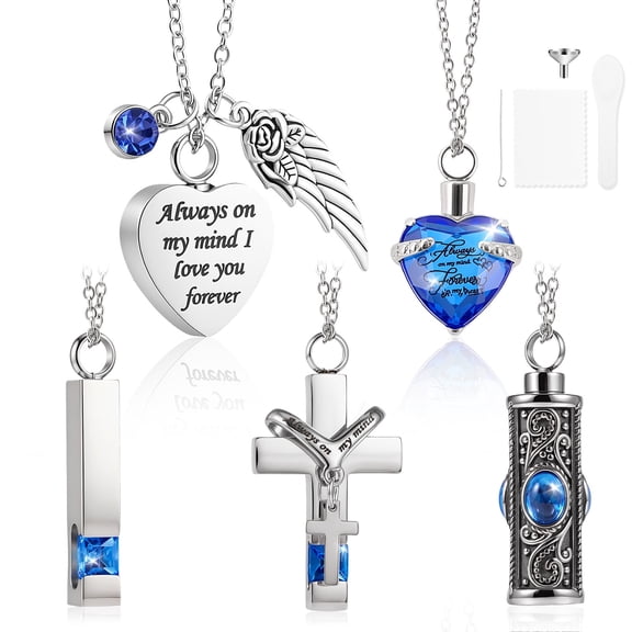 Urn Necklace for Ashes 5 Pack, Stainless Steel Couple Memorial Locket for Women Men 4 Shapes(Blue)