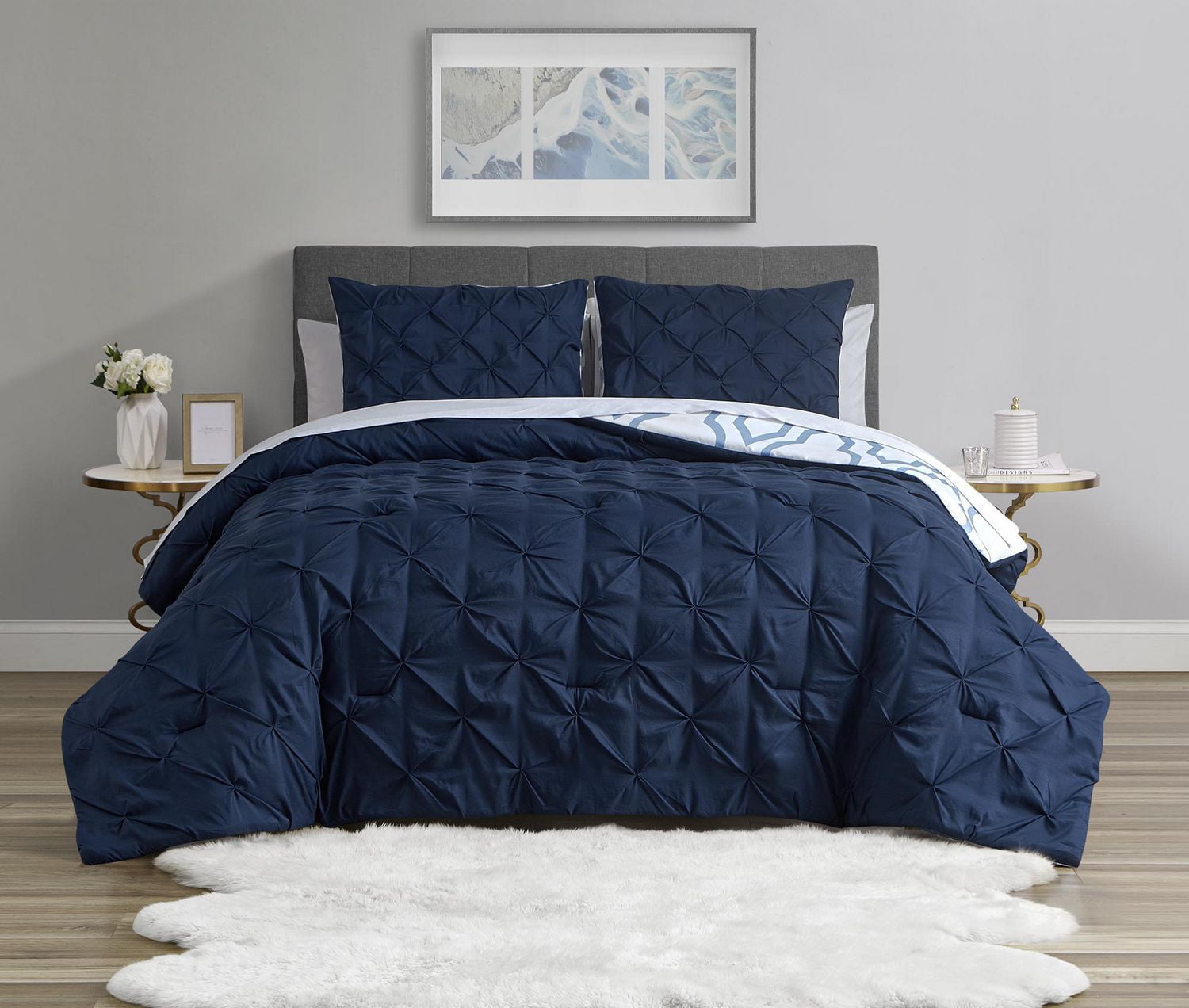 3 Piece Reversible Navy Pinktuck/Geometric Revsersible Comforter Set