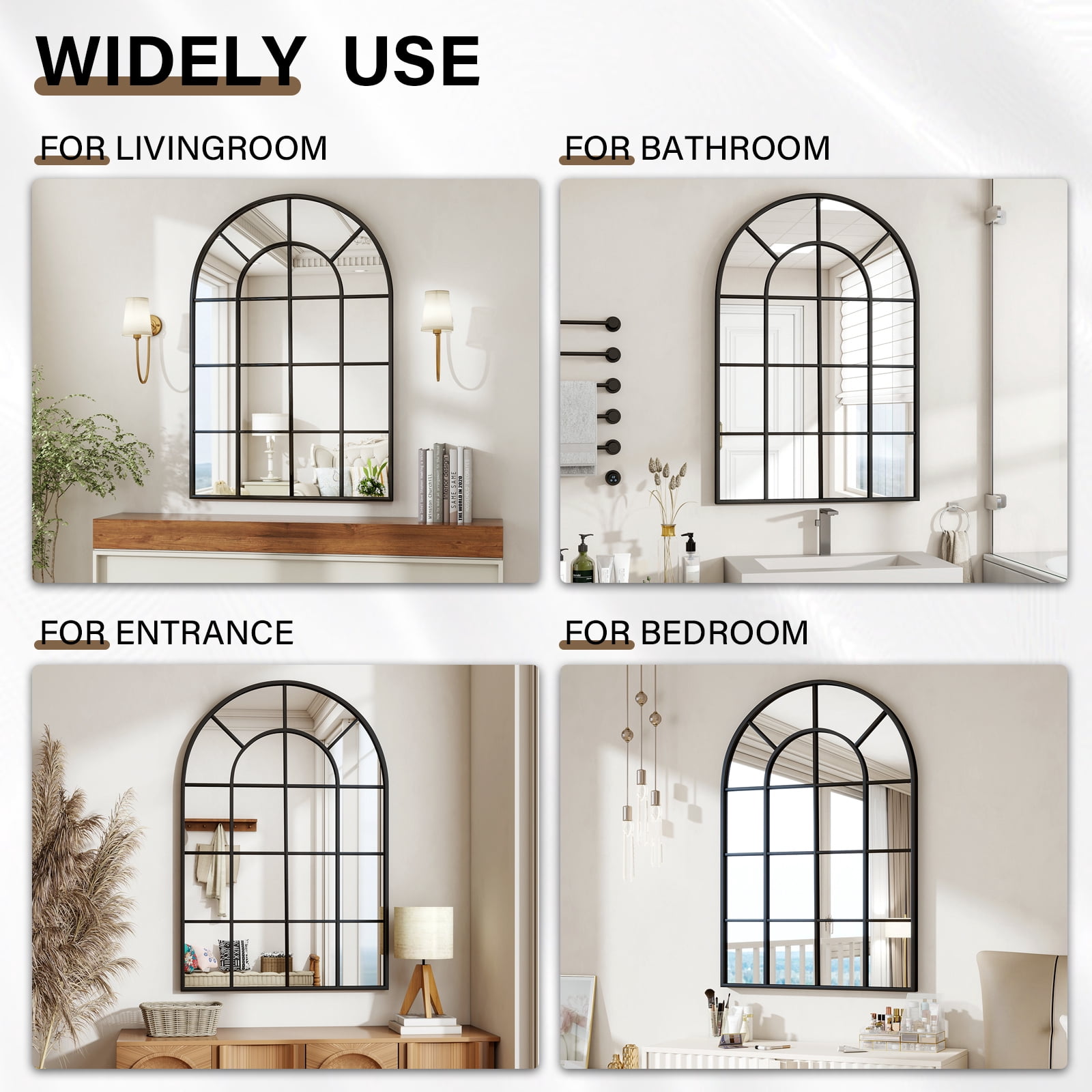 Easy4Home 36" x 24" Windowpane Arched Mirror Decorative Grid Wall Mirror, Black
