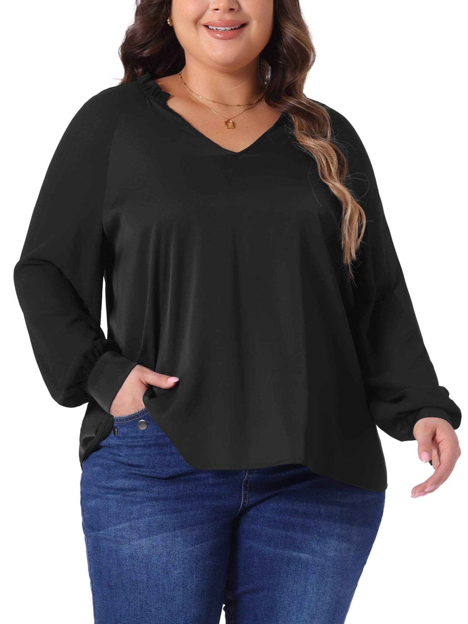 DARING DIVA Women's Plus Sheer Ruffle Notched V Neck Blouse 4X Black