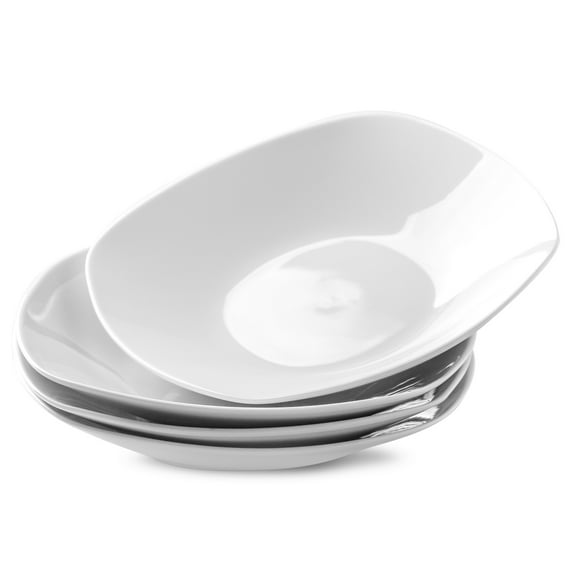 Ceramic Large Soup Bowls, 8.6 Inches, Modern 4-Piece Deep Salad Plates Set, Porcelain Square Plates, for Fruit, Cereal, Dessert, Snack - White