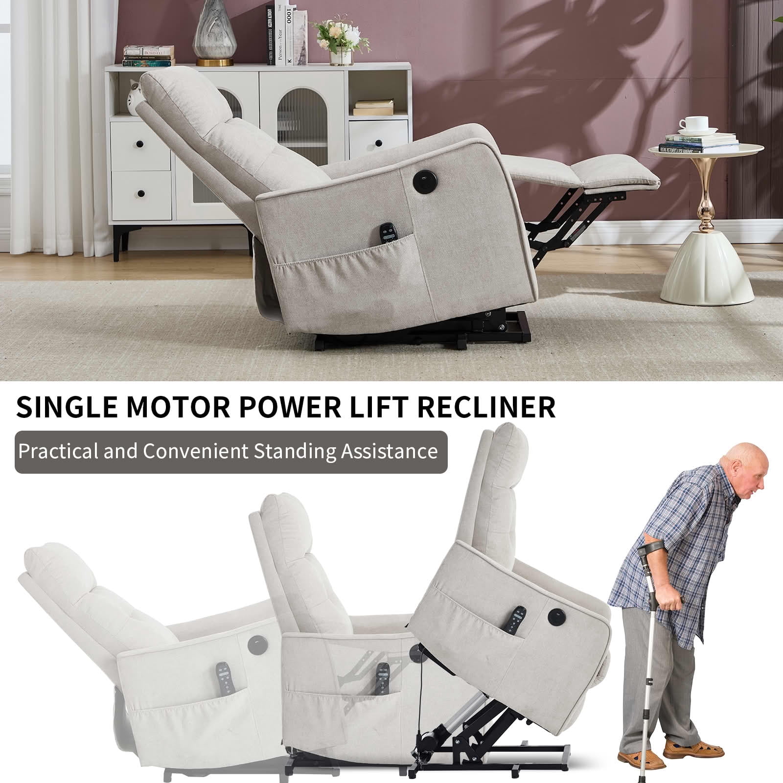 MAYEERTY Beige Chenille Power Lift Recliner Chair, Massage Heat USB Port 25"x36"x39" for Elderly