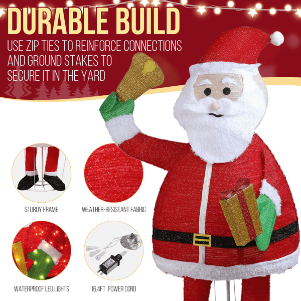Alvantor 6 ft Pre-Lit Pull-Up Santa Claus with Bell and Gift, 200 Warm White LED Lights, Indoor and Outdoor Christmas Decorations