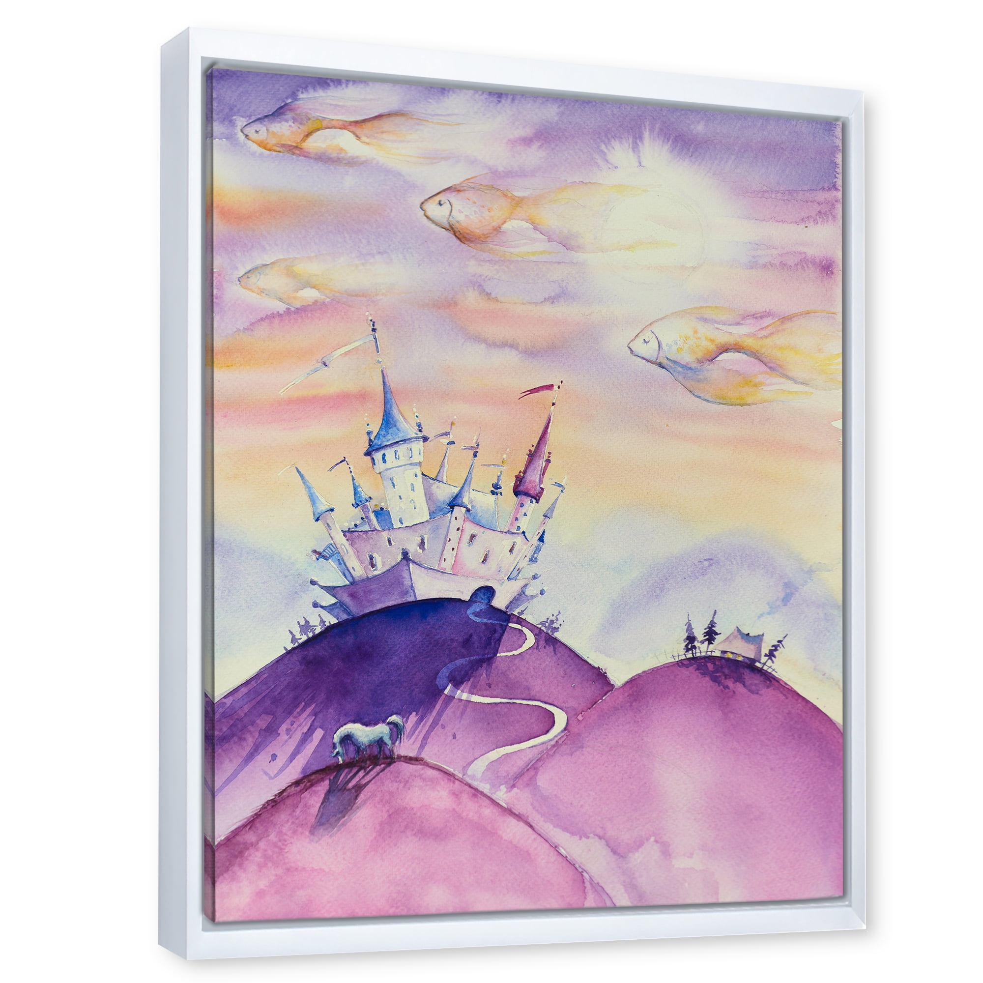 Designart 'Fairy Tale Kingdom Palace On Purple Mountain Top' Children's Art Framed Canvas Wall Art Print