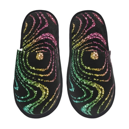 Balery Rainbow Glitter Slient Indoor Furry Fleece Comfort House Shoes Soft Non-Slip Home Shoes Cotton slippers House Slippers-- Large