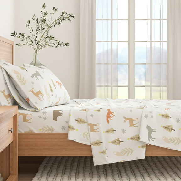 Great Bay Home Lodge Flannel Sheet Set - 100% Turkish Cotton - Double Brushed - King, Roaming Animals