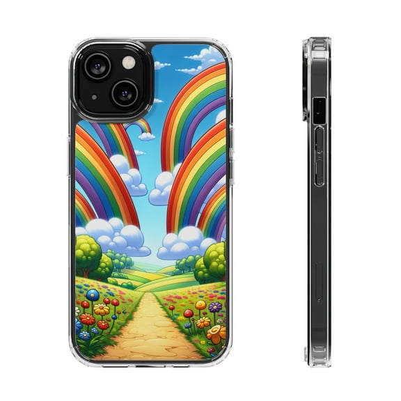 DistinctInk Hybrid (Acrylic / TPU) Clear Slim Fit Case for Apple iPhone 12 (6.1" Screen) - "Whimsical Rainbows Over Lively Pastoral Landscape"