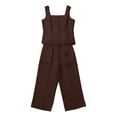 thumbnail image 5 of TEAJOPSUU Womens Summer Linen 2 Piece Solid Sets Matching Travel Outfits Sleeveless Square Neck Button Down Tank Tops Elastic Wide Leg Capri Pants Sets Brown, 5 of 6