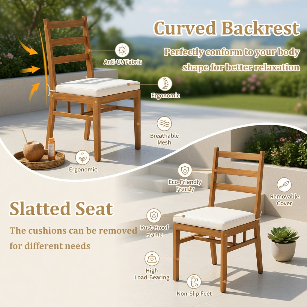 Hommoo 2-Piece Acacia Wood Outdoor Patio Dining Chairs Set, Natural Wood Frame with Removable Cushions, Weather-Resistant Armless Chairs for Deck, Porch & Garden, White