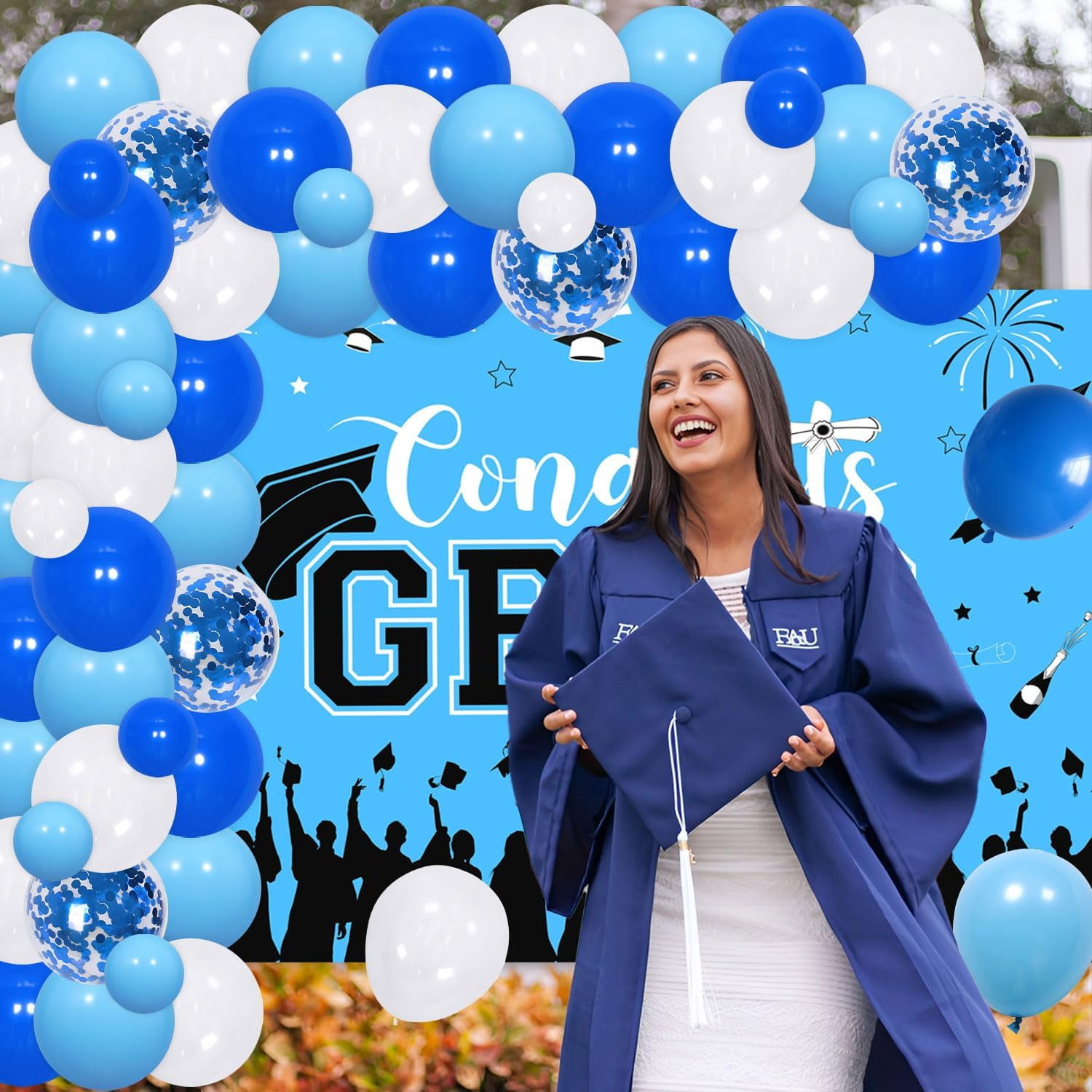 65Pcs Congrats Grad Decorations 2024, Light Blue Graduation Decor with Photography Backdrop Fireworks Bachelor Cap Little Star Printed Blue Wihte Black Balloon Garland Arch Kit for Class of 2024 Grad