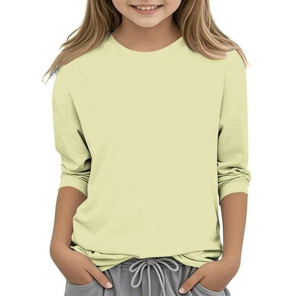 ameIAEA Girls' 3/4 Sleeve T-Shirts Kids Crewneck Solid Color Tees Spring Summer Casual Tops