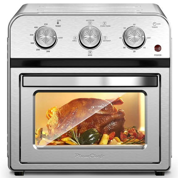 Plum Chef 13QT Air Fryer Toaster Oven Combo, 7-in-1 Multifunctional Countertop Oven with 360° Hot Air Circulation for Healthy Oil-Free Cooking, Family Size, Stainless Steel, Silver