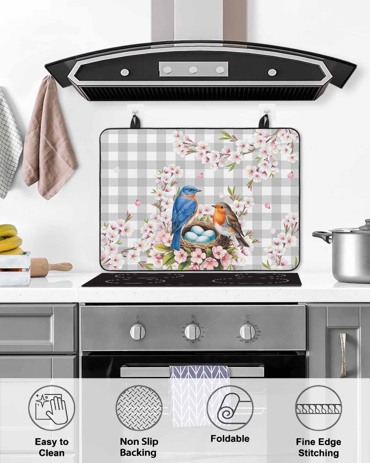 Large Induction Cooktop Protector Mat Birds Floral Stove Top Covers for Electric Stove, Farmhouse Country Pink Flower Leaf Grey Plaid Decorative Stove Burner Cover Mats, Glass Top Stove Cover