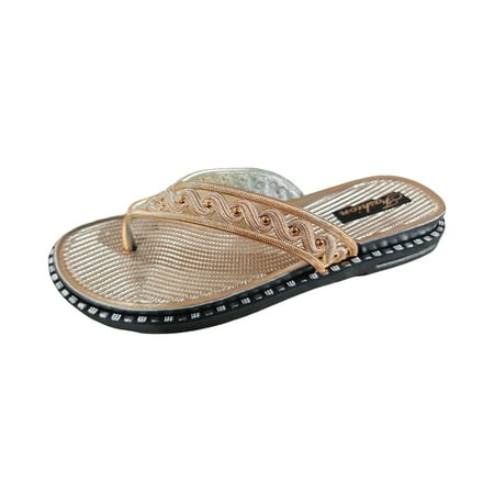 

Jungdeepe Ladies Retro Casual Rhinestone Flat Bottom Clip Toe Beach Large Size Sandal Slippers
