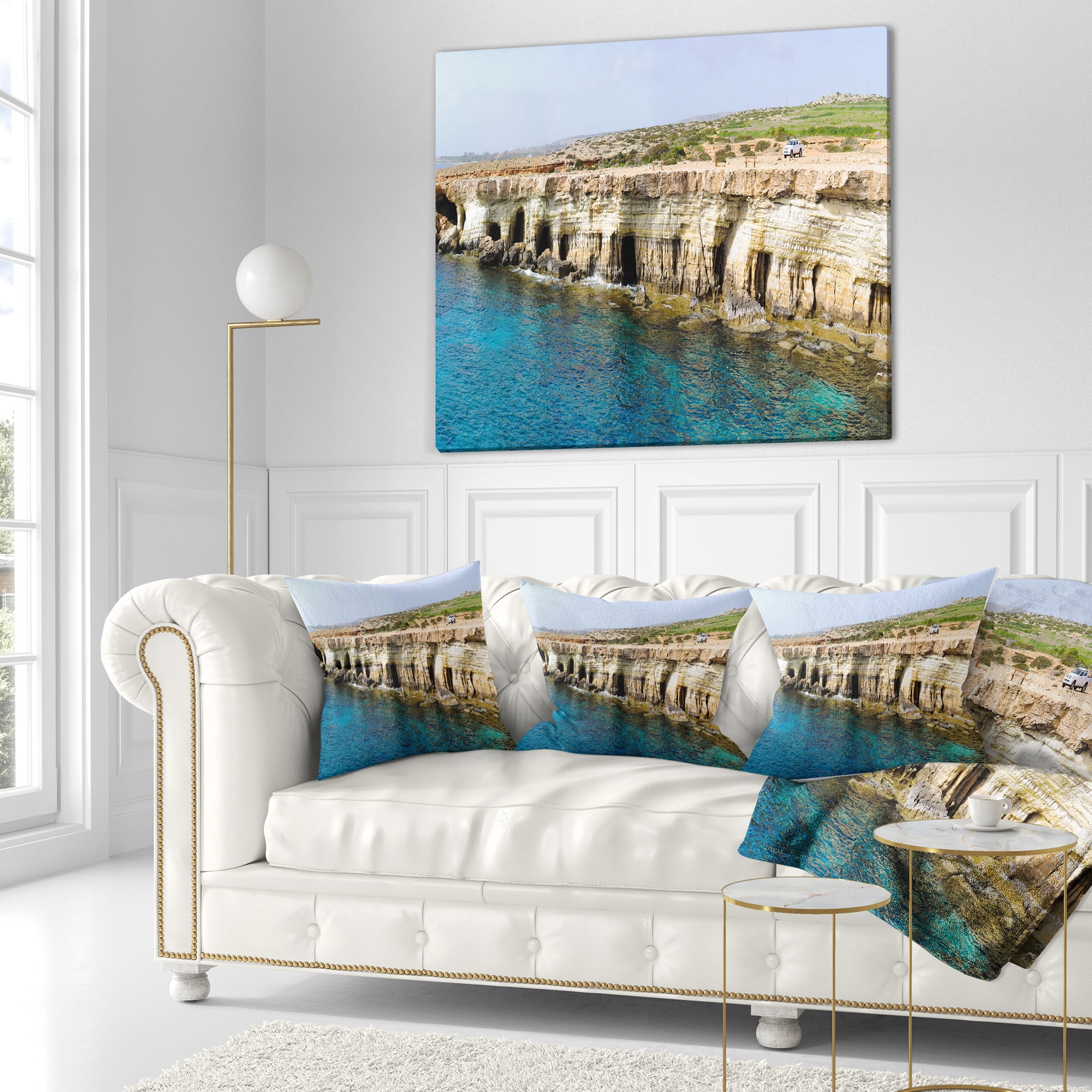 Designart Sea Caves near Cape Greko Panorama - Modern Seascape Throw Pillow - 16x16