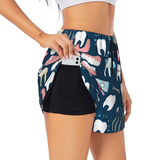 Balery Dental Pantalones cortos deportivos para mujer con forro y dos bolsillos, elásticos, para entrenamiento, gimnasio, yoga-Large