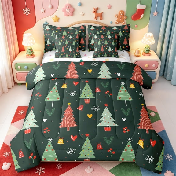 Manfei Red-Green Buffalo Plaid Christmas 7-Piece Twin Bedding,Xmas Holiday Season Bedding Comforter Set,Xmas Reversible