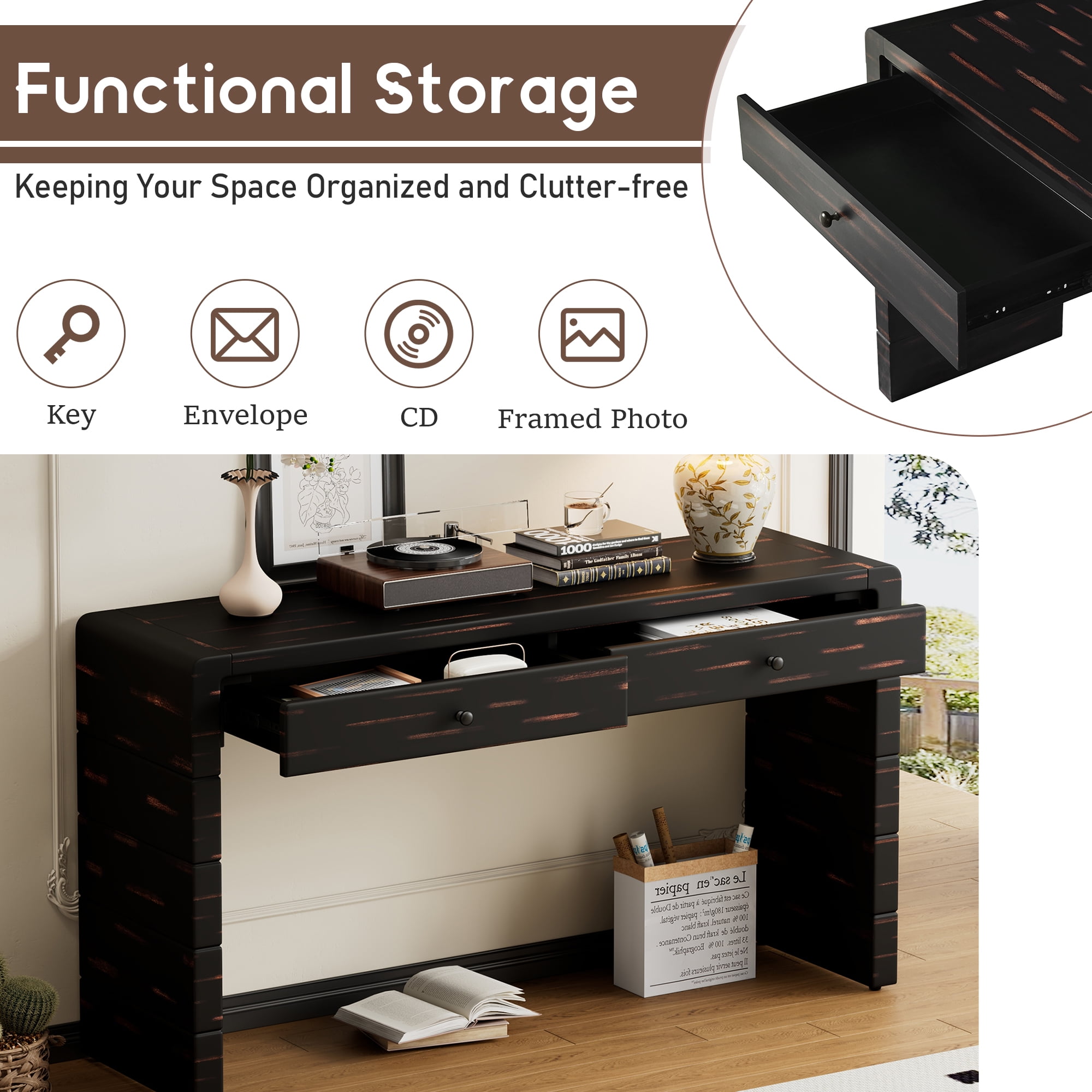 EUROCO 55" Long Console Table,Curved Entryway Table with 2 Storage Drawers,Farmhouse Wood Sofa Table Behind Couch for Living Room, Entrance, Hallway,Black