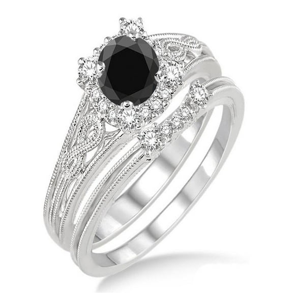 1.25 Carat Black Diamond Vintage halo floral Bridal Set Engagement Ring on 10k White Gold
