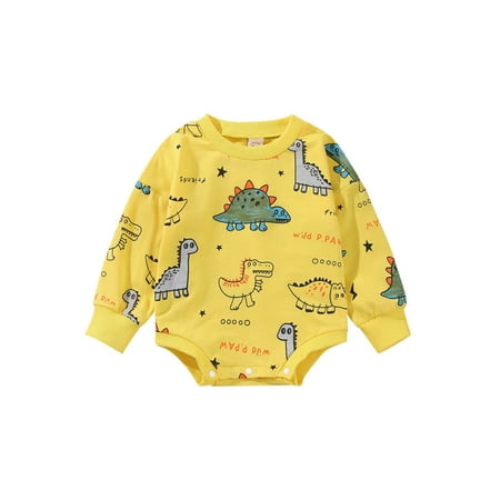 

TFFR Baby Boy Long Sleeve Romper with Cartoon Dinosaur Letter Print Crew Neck Casual Style Spring Clothing