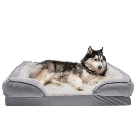 UPC: 0842229119855 | FurHaven Pet Products | Memory Foam Perfect Comfort Velvet Waves Sofa-Style Couch Pet Bed for Dogs & Cats Granite Gray Jumbo