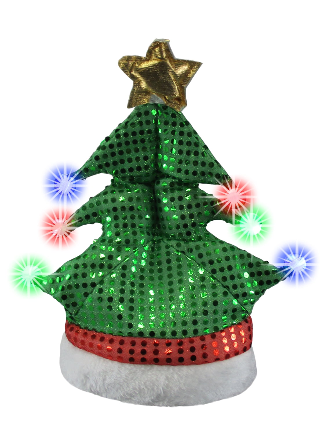 Adult Plush Christmas Tree LED Hat with Bulbs Star Holiday Light Up