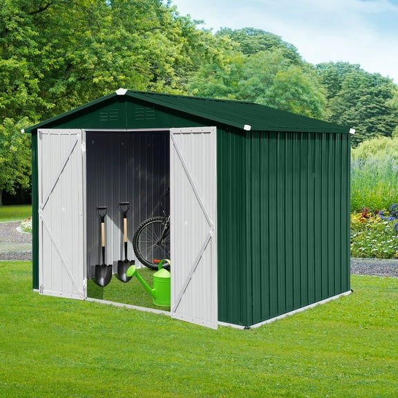 YIYADO 8ft×6ft outdoor Metal sheds, storage sheds for garden with window, Green White