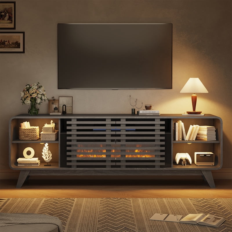 BaPiPro Mid‑Century Modern Fireplace TV Stand with 36 Inch Electric Fireplace 12‑Color RGB LED Lights Fits TVs up to 80 Inch Wood Media Console with Slatted Sliding Doors for Living Room Black