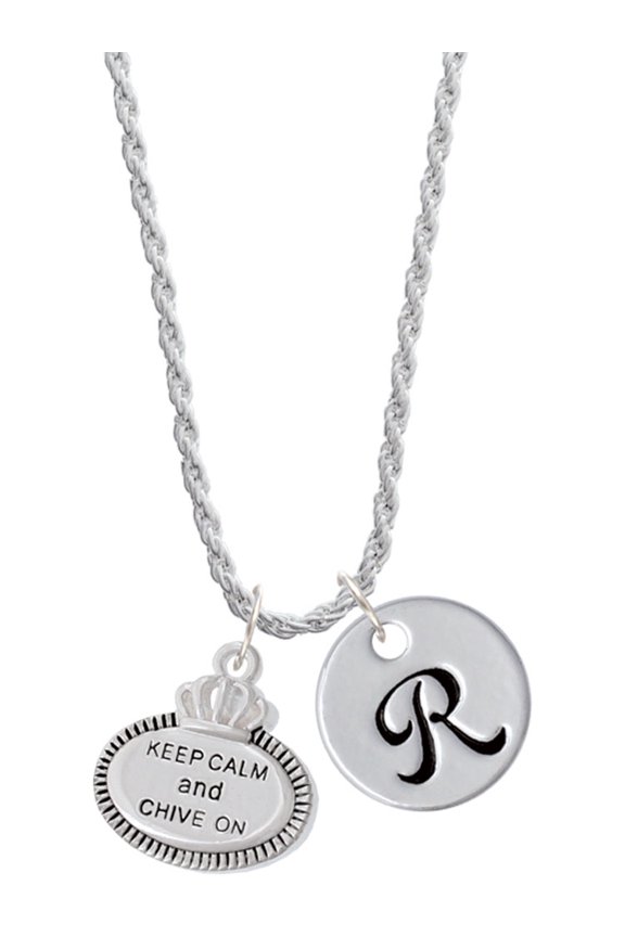 Silvertone Keep Calm and Chive On Silvertone Script Initial Disc - R - Charm Necklace, 20"+3"