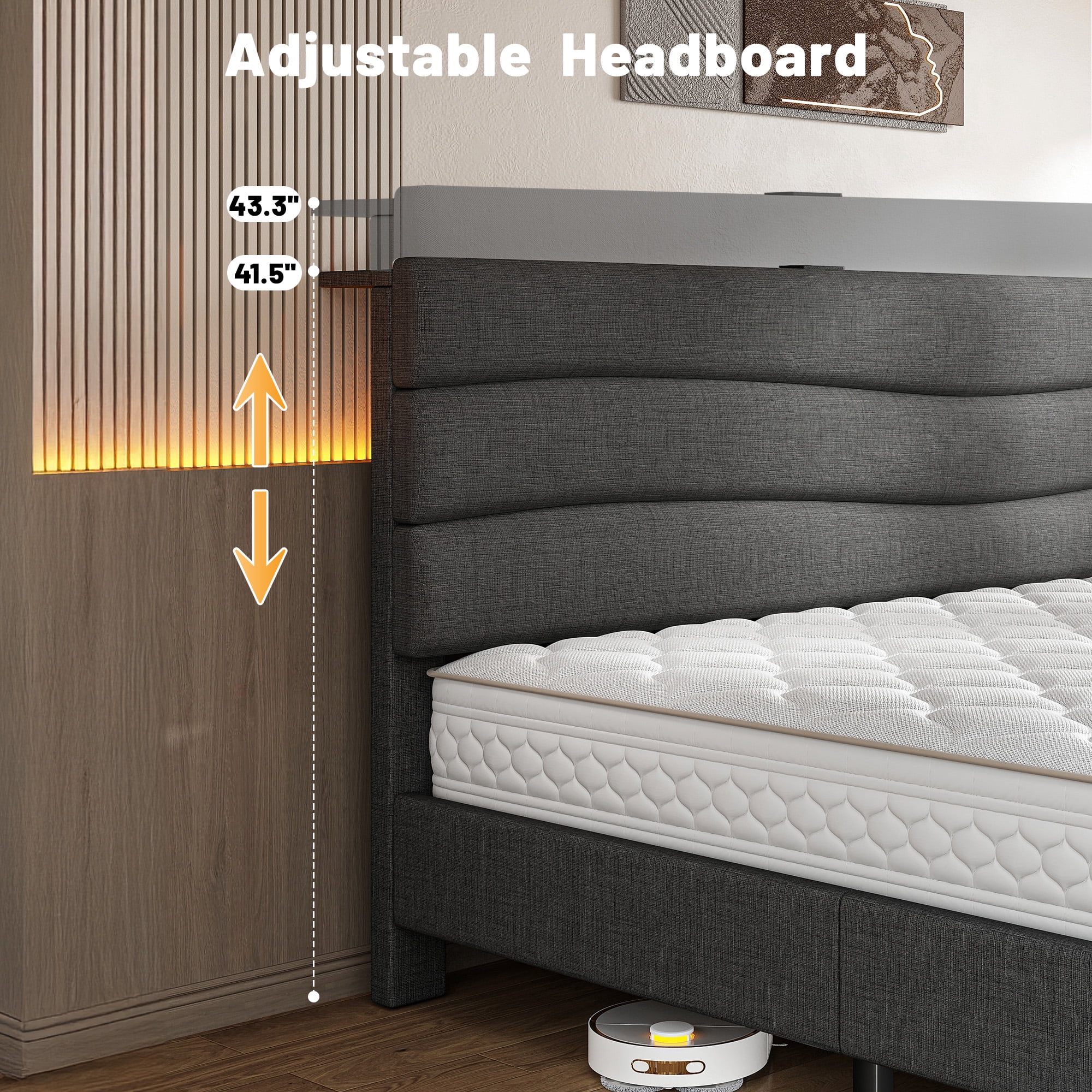 EnHomee Queen Size Bed Frame with Headboard Upholstered Bed Frame Queen with Storage Queen Size Bed Frame with Charge Station Gray, No Box Spring Needed, Noise Free