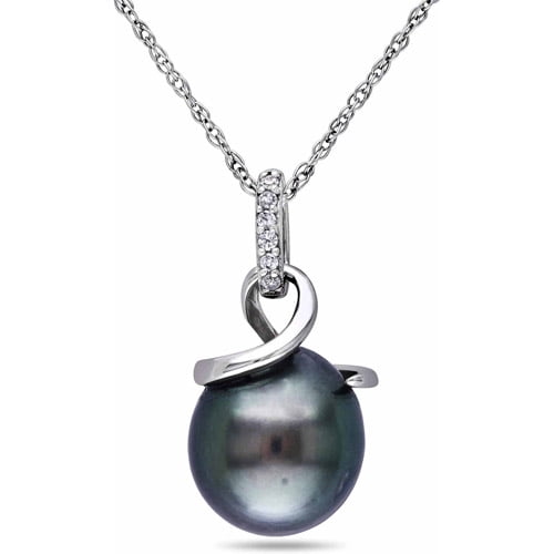 8-8.5mm Black Drop Tahitian Pearl and Diamond Accent 10kt White Gold ...