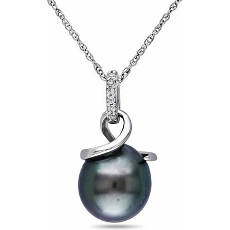 8-8.5mm Black Drop Tahitian Pearl and Diamond Accent 10kt White Gold Swirl Pendant, 17