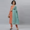 thumbnail image 1 of Janasya Indian Round Neck 3/4 Sleeve Solid Coral Rayon Kurta With Pant and Dupatta For Women, 1 of 9