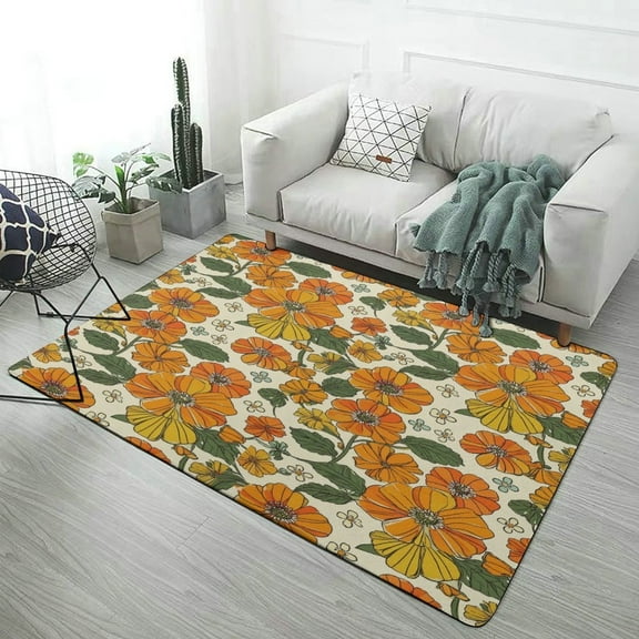 70s Retro Floral Carpet Soft Comfy Rug for Home Living Room Bedroom Area Rug Non-slip Doormat Decor
