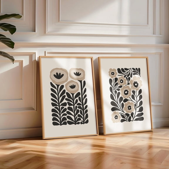 Black & White Flower Neutral Floral Black and Beige Abstract Set 2 Unframed Paper Print 8x12