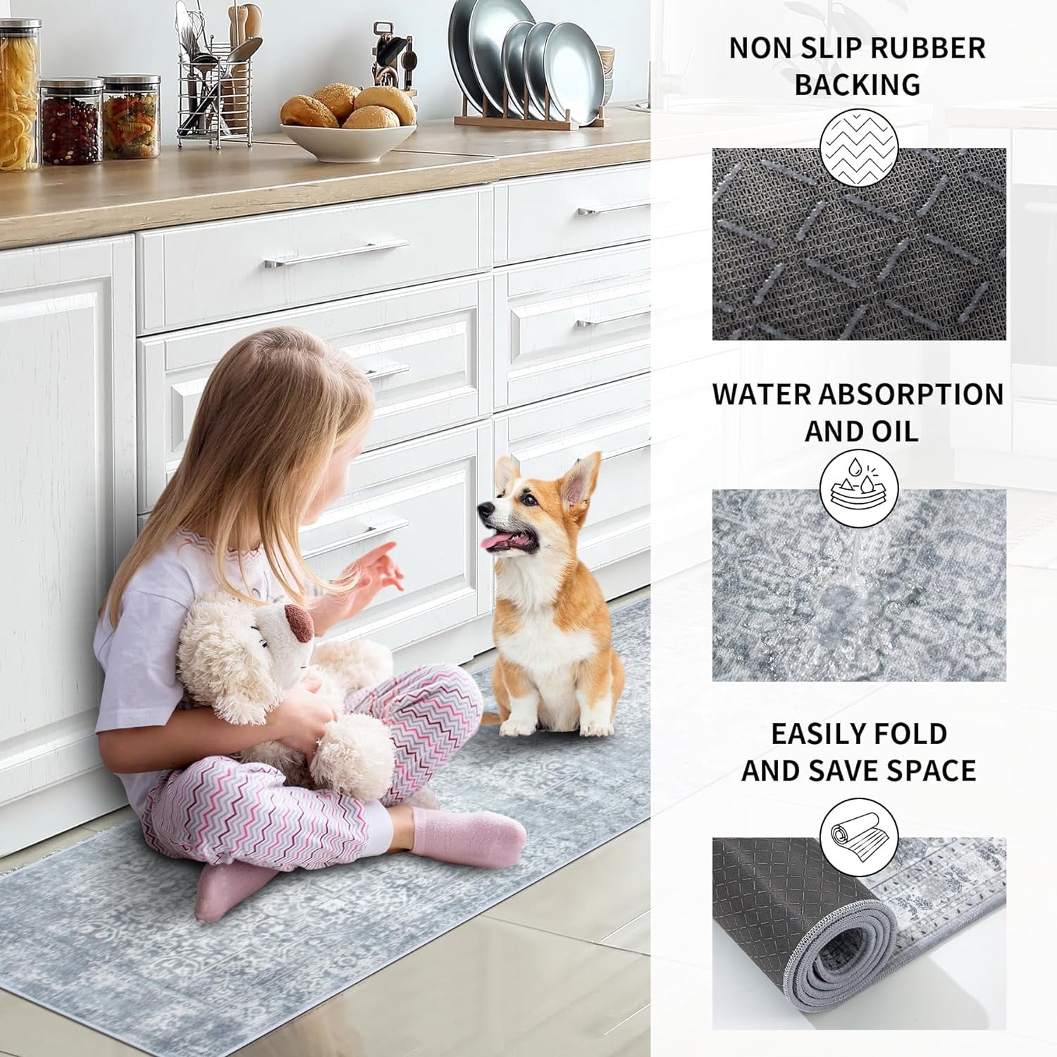 Kitchen Rugs Sets of 3 Non Slip Washable Kitchen Mats for Floor 3 Piece Set Grey Boho Kitchen Mat Set Kitchen Runner Rug Carpet for Laundry Room Front Door