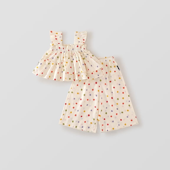SONGGE Toddler Outfit Sets Spring Summer Girls Color Polka Dot Set Sweet Wind Haler Tops Wide Leg Pants Two Piece Set Back To School Comfort Clothing Sets