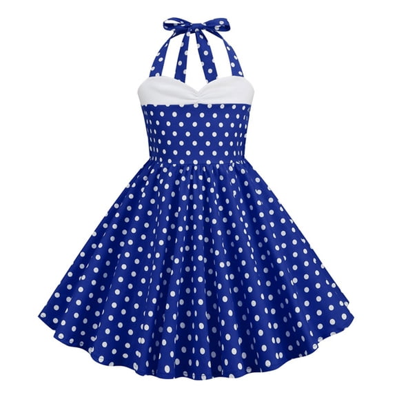 Ahdbta 1950s Vintage Dresses for Girls Cute Polka Dots Sleeveless Halter Dress Bowknot Strappy V-Neck A-Line Swing Prom Dress