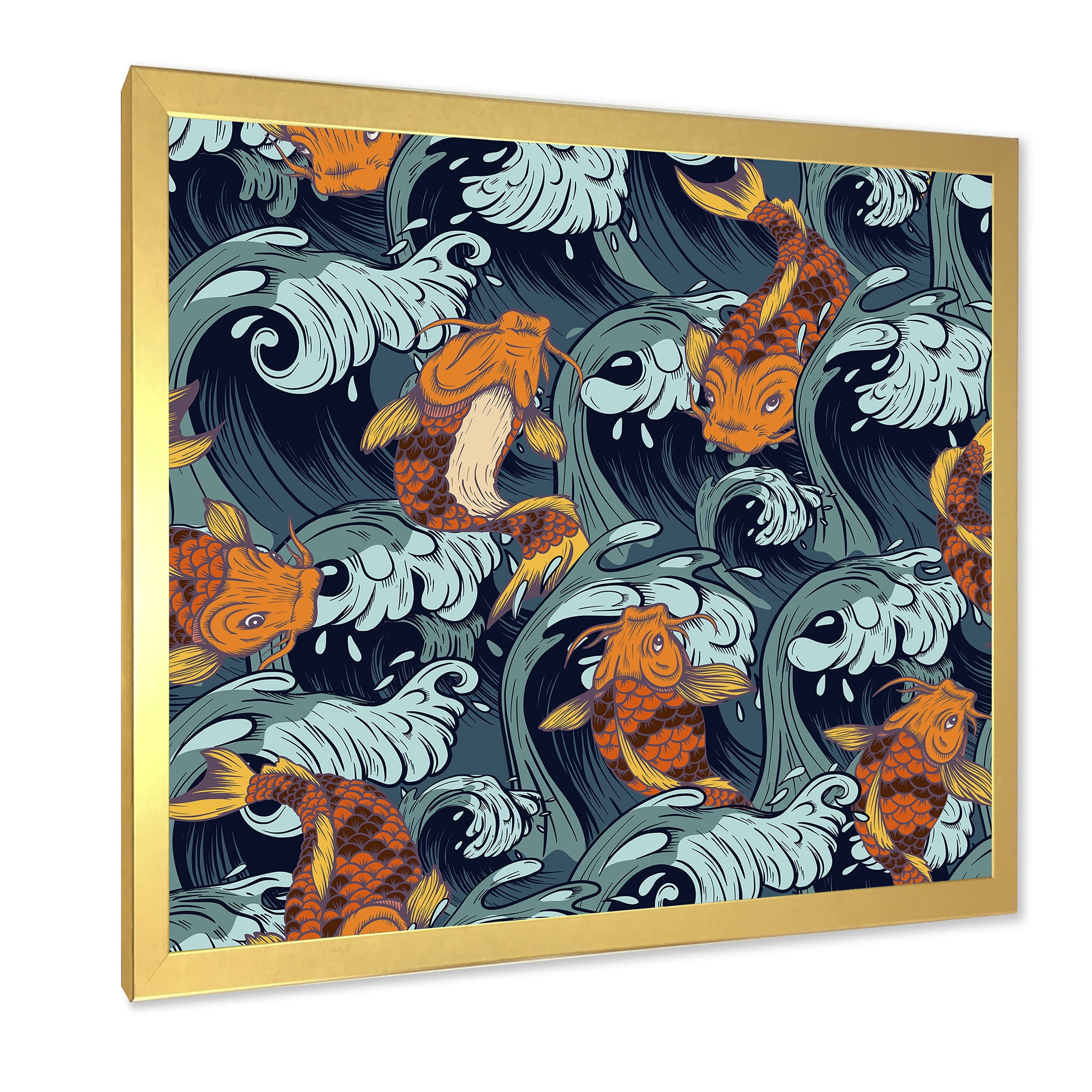 Designart 'Japanese Koi Fish on Sea Waves' Nautical & Coastal Framed Art Print
