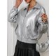 thumbnail image 3 of -Chaqueta de cuero sintético para mujer, abrigo corto holgado de color plateado, para primavera y otoño, 3 of 5
