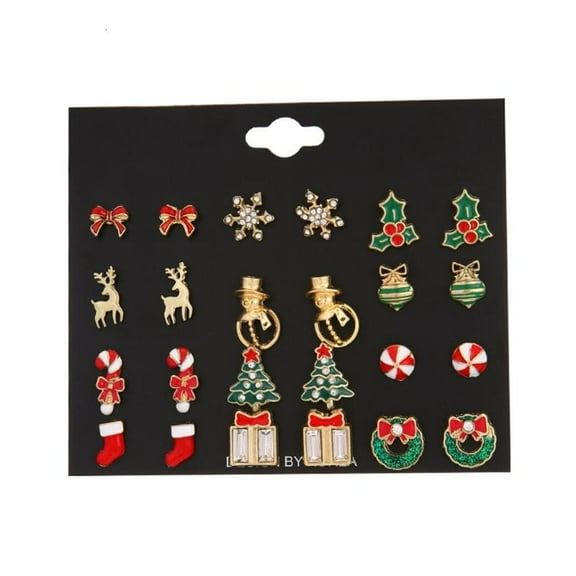 PatungKu 12 Pairs Christmas Gift Tiny Snowflake Wreath Tree Earring Cute Holiday Jewelry