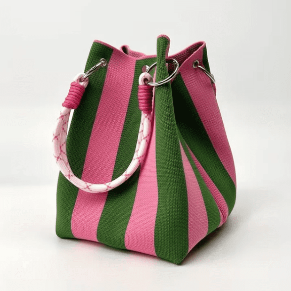 Boho Striped Knit Bucket Handbag for Women – Handmade Summer Beach Shoulder Bag
