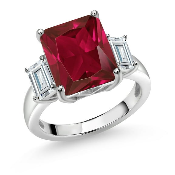 Gem Stone King 925 Sterling Silver 3-Stone Ring Set with Octagon Red Created Ruby and Moissanite (6.86 Cttw, Size 9)