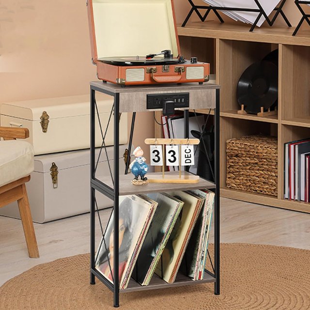 Table d'Appoint pour Tourne-Disque avec Station de Charge, Étagère de Rangement pour Vinyles à 3 Niveaux