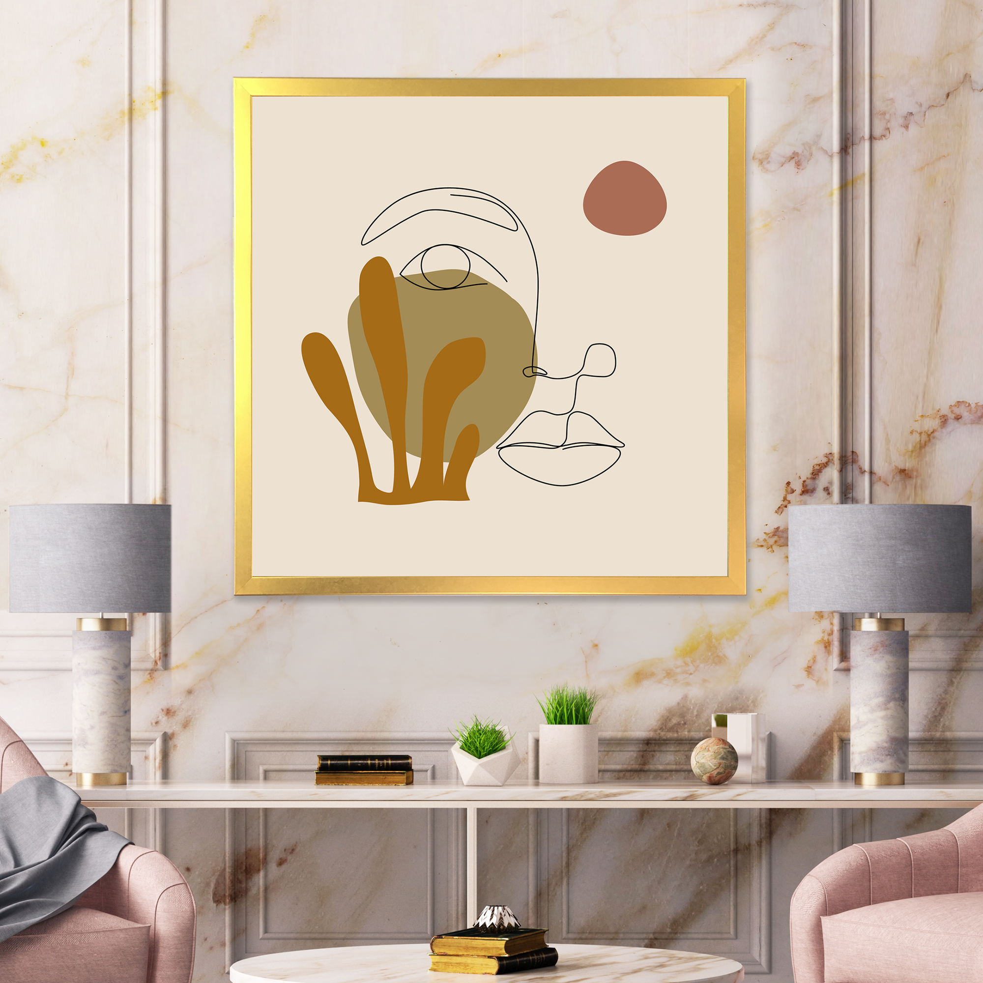 Designart 'One Line Art Portrait of Female In Terracotta Tones' Modern Framed Art Print