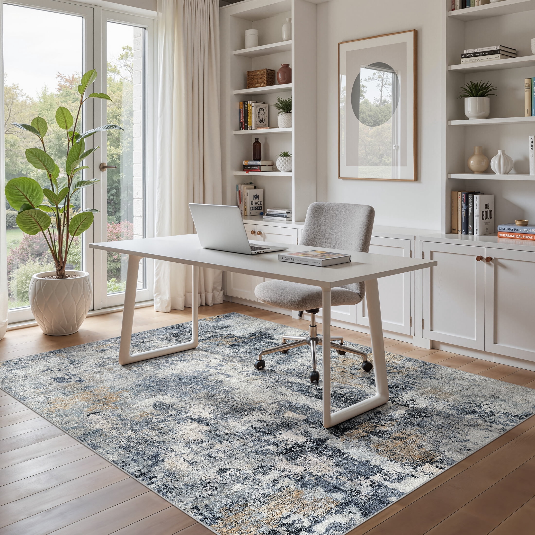 UERMEI 5x7 Washable Area Rugs for Living Room, Modern Abstract Printed Rug, Vacuum-Friendly, Non Slip Indoor Rug for Bedroom Dining Room Home Decor Carpet, Dark blue