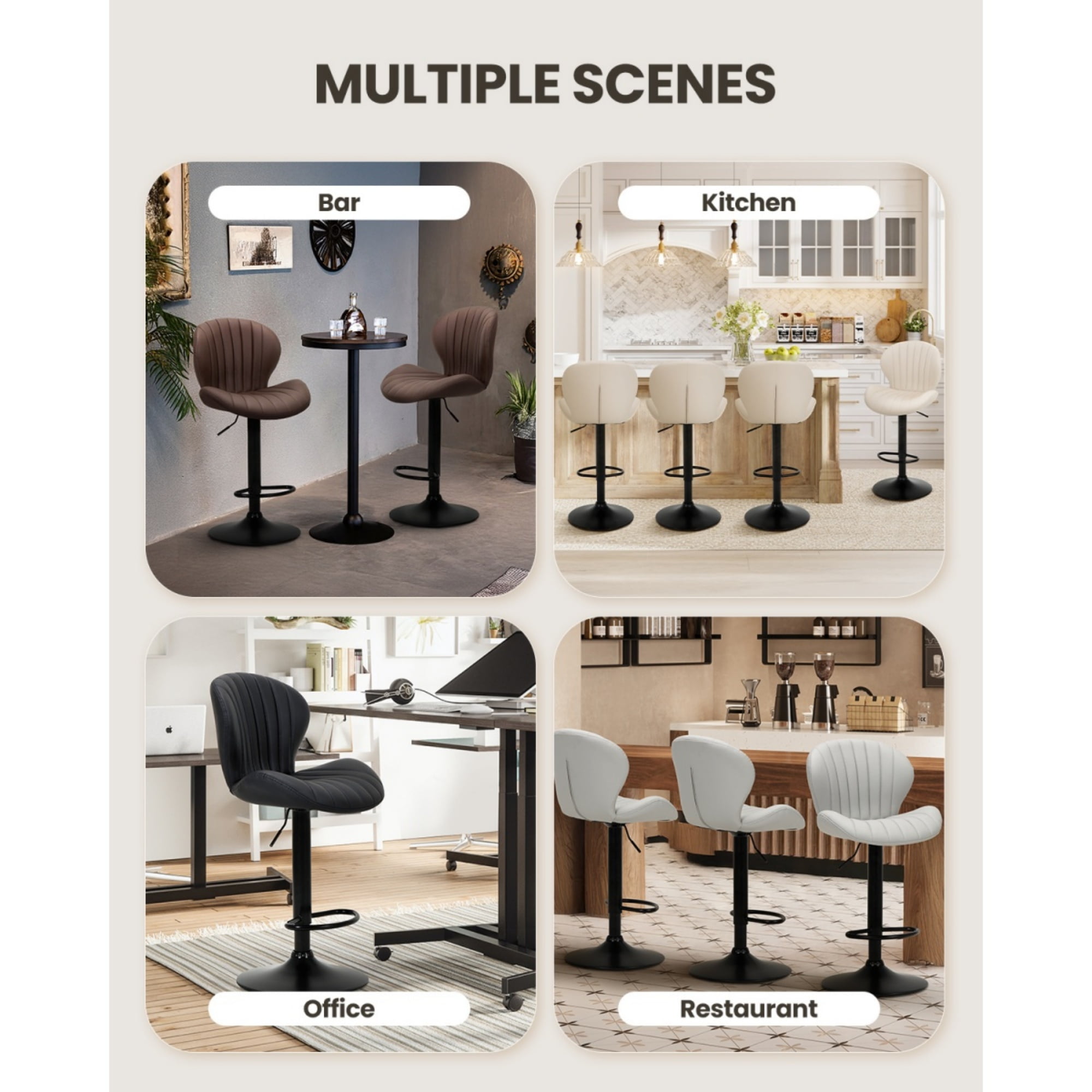 EOP Swivel Bar Stools Set of 4, Modern Upholstered Adjustable Height Counter Stools with Footrest, Faux Leather Upholstered BarStools with Metal Frame, Bar Chairs with Backrest, Black
